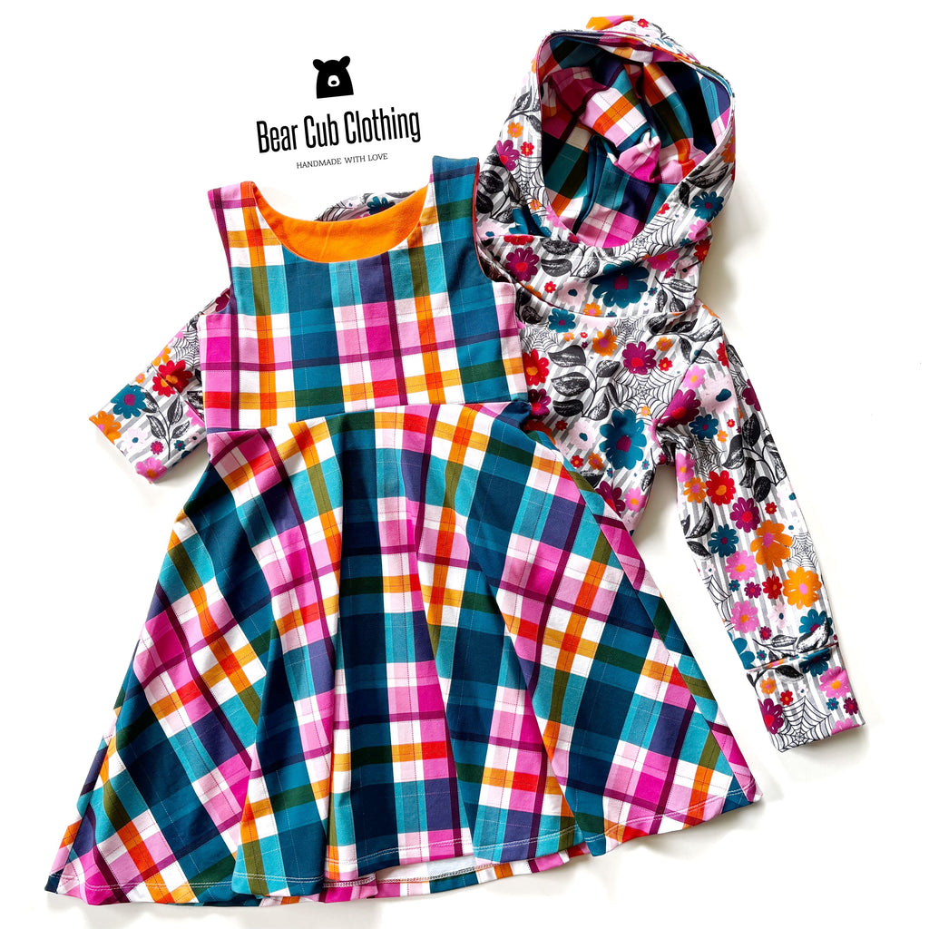 4-7 year Fall Plaid Dress & Spiderweb Floral Cropped Hoodie