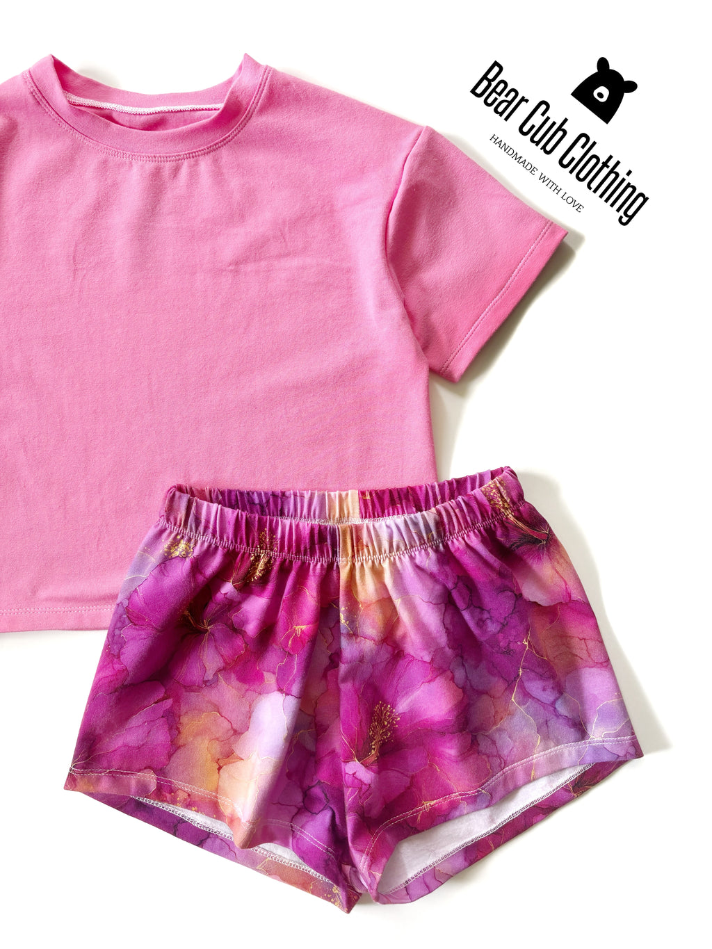 6/7 Modest Crop Tee & Magenta Hibiscus Breezy Shorts